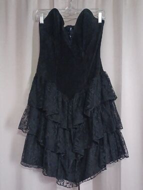 Vintage 80s Black Suede Leather Lace Strapless Goth Western Cocktail Party Dress